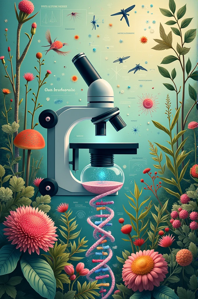 A vibrant and educational representation of the world of biology. In the middle, A modern microscope examines a sample of cells, with a focus on detailed cellular structures. Around the microscope, Various images of biological elements are displayed, like a double helix of DNA in bright colors, a variety of cells (of animals, plants and bacteria) and a network of interconnected ecosystems, including plants, fungi and animals in their natural habitats. On top, biological process graphs, such as photosynthesis and cellular respiration, add an educational touch. The background is a subtle collage of biological tissue patterns and scientific diagrams., with a color palette that combines greens, blues and earth tones, evoking the richness and diversity of life on Earth