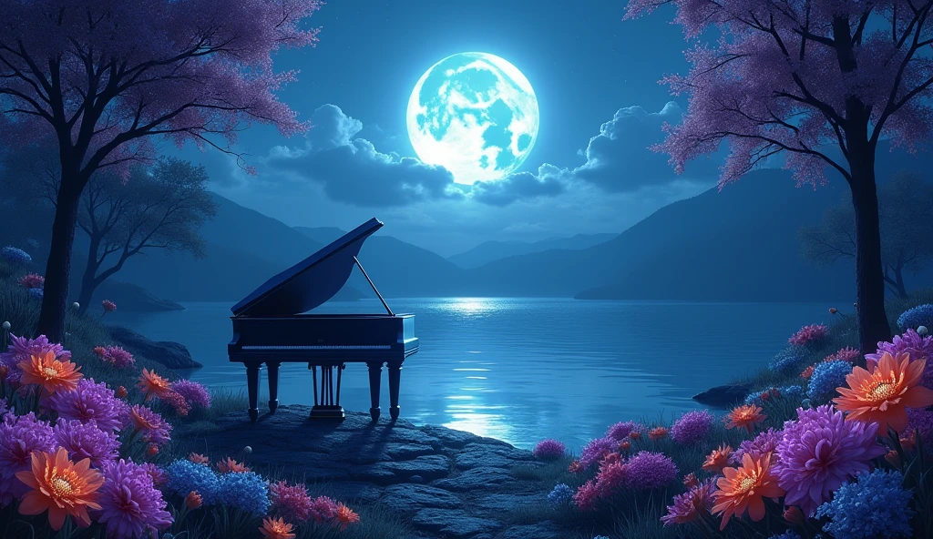 lake、mysterious、moon、Colorful flowers、Grand piano、night、moon明かり、neon