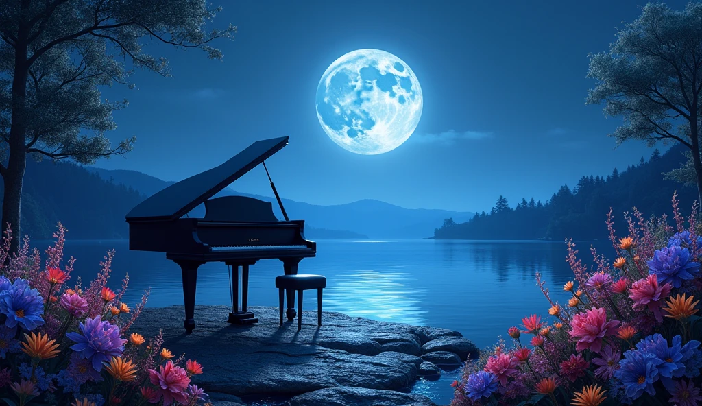 lake、mysterious、moon、Colorful flowers、Grand piano、night、moon明かり、neon
