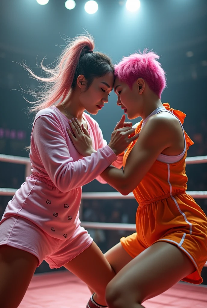 Create a professional shot that captures the dynamic moments of the wrestling scene between a beautiful Chinese girl with sloppy half-pink hair wearing pink pajamas with a Hello Kitty pattern and a short-haired Thai girl with sharp pink hair wearing an orange maid outfit. They fought against the floating figures in the wrestling ring that were illuminated by the spotlight. The wrestling scene should be shown in the center of the slide. They fought and seemed to float with bumps and locks in mid-air. Color photography, Perfect spotlight lighting creates a breathtaking and thrilling atmosphere, Ultra Wide Angle Shot, Full Body View, Detail, Wrestling Costume Lookalike, Volumetric Light, Professional, Realistic, Exaggerated, Realistic, Highly Detailed