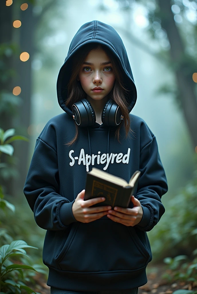 Girl dressed in Alan Walker costume with a logo with the name S-APRIEYRED with headphones,and with a book in hand