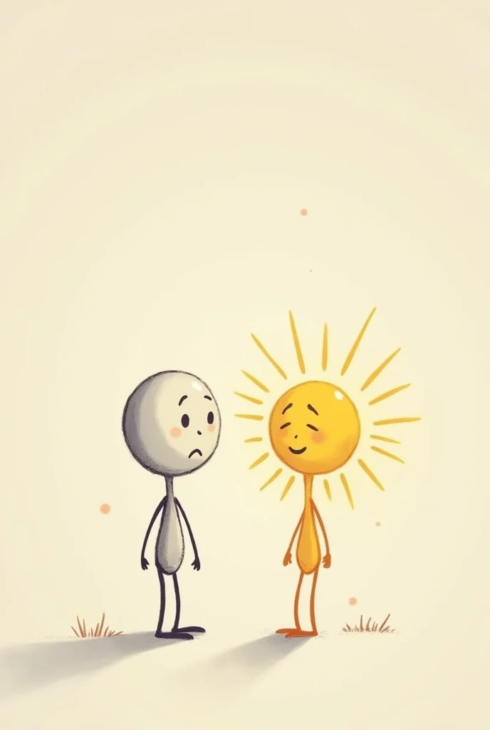 Create a drawing of the moon by getting to know the sun, the moon is a little sad, the sun is happy, that the drawing is animated and that they have stick arms and legs, that it be in a medium plane 