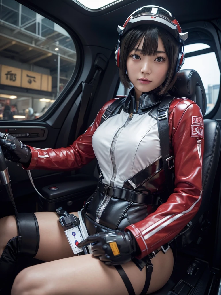 masterpiece, Highest quality, Very detailed, Japanese Android girl, Beautiful 2 Japanese woman, Plump,Control panel,Android,cyborg,Blunt bangs,Sitting in the cockpit and piloting,The control stick is in the center of the seat.,Red bodysuit,Secured to the seat with a thick harness,Full-face helmet,