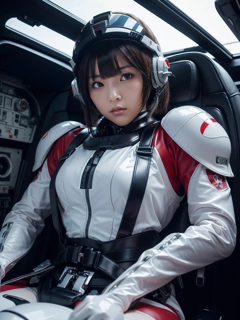 masterpiece, Highest quality, Very detailed, Japanese Android girl, Beautiful 2 Japanese woman, Plump,Control panel,Android,cyborg,Blunt bangs,Sitting in the cockpit and piloting,The control stick is in the center of the seat.,Red bodysuit,Secured to the seat with a thick harness,Full-face helmet,