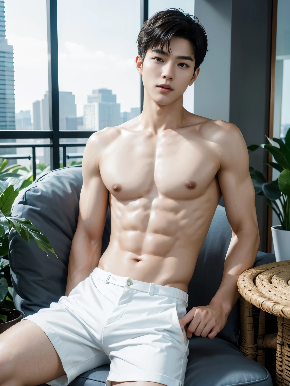 (A asian pretty Boy, cute boy, Nude posing:1.1), (absurdres, realistic, masterpiece:1.2), RAW photo, best quality, 8K,1boy, ulzzang boy, chinese idol, very handsome, perfect face, intricate detail, Extremely detailed, (photorealistic:1.5), professional photography, Bright colors, Clear focus, young, slender, muscular, slim muscular, (perfect hands, 5 fingers) , Comb-over hairstyle, Black short hair, clear and beautiful detailed eyes, perfect eyes, Playful expression, soft skin, detailed skin, spread legs, looking at viewers, detailed highlights and shadows, Excellent body proportions, Correct anatomy, male focus, (Topless, white short pants:1.5), Potted plants, flowers, (roof, Skyscraper, balcony:1.1), Glass Wall, Studio Lighting, gentlesunlight, Cinematic Lighting, Warm colors, full-body shot, 