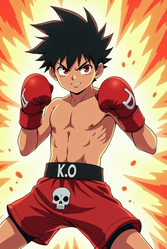 An anime-style boy with red eyes and medium-short black hair who is very strong and wearing red shorts with a skull symbol that has red boxing gloves that say K.Or giving a serious super strong god level blow 