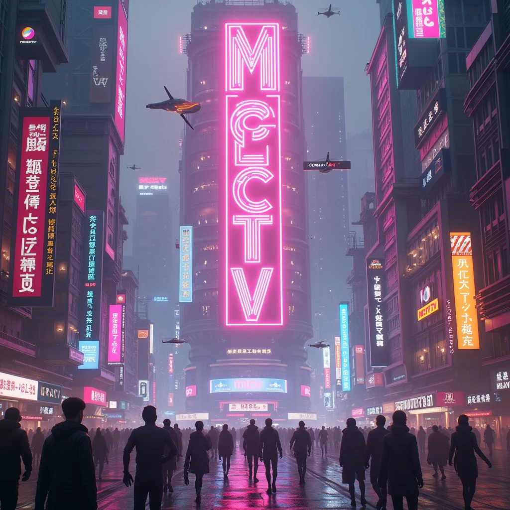 Make a sci fi world with funky neon sign says MCTV