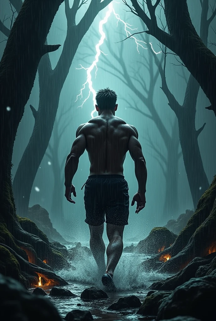 The silhouette of a man with a good back physique walking through the rain with lightning falling in the skies and the forest