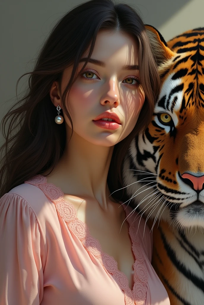 (photorealism:1.2), A woman with long dark brown hair , big eyes with a small mouth,pink lips ,with pink blouse ,with pearl earrings next to a tiger