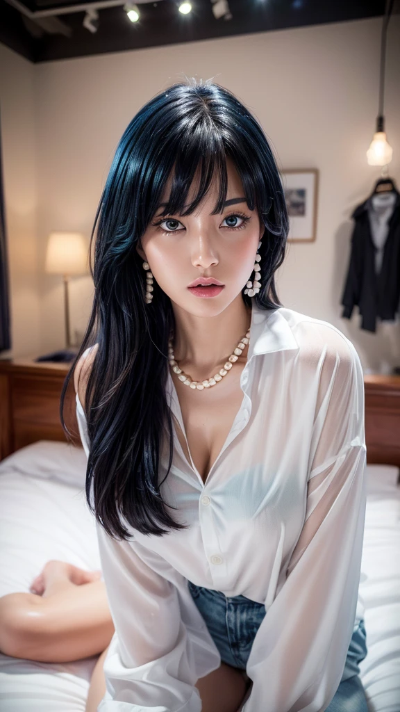 (8K, highest quality, masterpiece:1.2),  (realistic, Photoreal:1.37),  Super detailed, one girl, (very detailed), (detailed and beautiful eyes), ((((highly detailed artwork))))、(Earrings)、((Two-toned hair))、[pink hair]、(((Inside a stylish secondhand clothing store)))、(masterpiece、Highest quality、In 8K、32K、masterpiece、Super huge 、Ultra-high resolution、Impressionism、Realistic:1.2)、((fullbody)), ((Cowboy Shot)),  Sharp focus、Beautiful face with detailed background of face and eyelids、Glowing Skin、Sharp pupils、Realistic eyes and beautiful face、Blurred Background、Beautiful 1 girl、Glowing Skin、(((bright and beautiful hair)))、(pearl necklace)、curve、Powerful composition,  ((seductive looks))、((horny expression)), perfect figures, slim girl, big breasts 

((A young woman)),  (shoulder-lenght hair),  (dark blue hair), pink hair, (hairstyle), ((wearing a white oversized shirt )), (formal shirt), no panties 
 She is lying on a bed,  white lights illuminate the scene、(photo from above)
