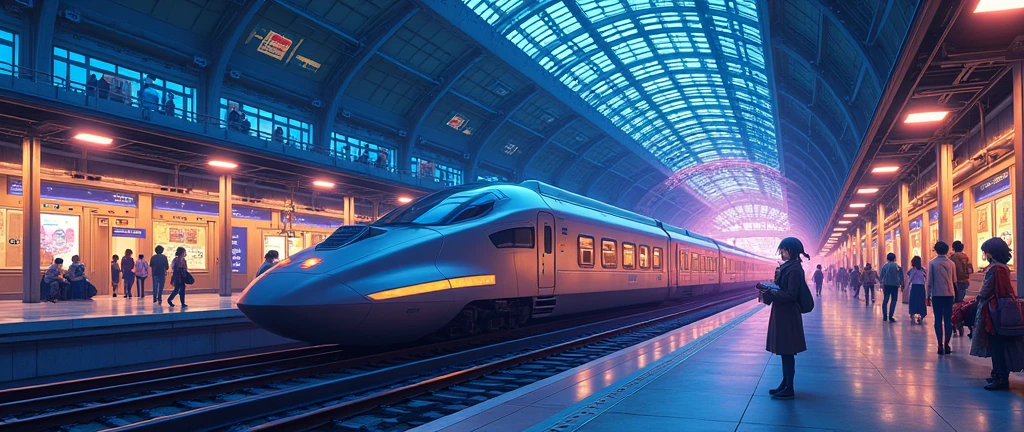 Design a YouTube banner for a channel with a theme of a train station integrated with manga visuals in an anime style. The banner should feature a wide view of a bustling, futuristic train station during twilight, with a long, sleek train speeding through the scene. The station should have large, illuminated, The background should include manga-style elements such as dynamic speed lines, Scatter comic book panels or manga pages around the station as if they are floating in the air, adding a sense of movement and excitement. Include anime characters waiting on the platform, reading manga or chatting, with expressive, exaggerated emotions typical of anime. Use a vibrant color palette with rich blues, purples, and warm oranges to create an engaging and energetic atmosphere.