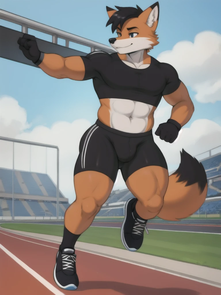 Furry, fox, male, black shirt, black spandex bike shorts, shoes, running track, solo, full body