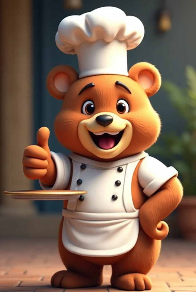 Animated chef bear with thumbs up, holding an empty tray in the foreground