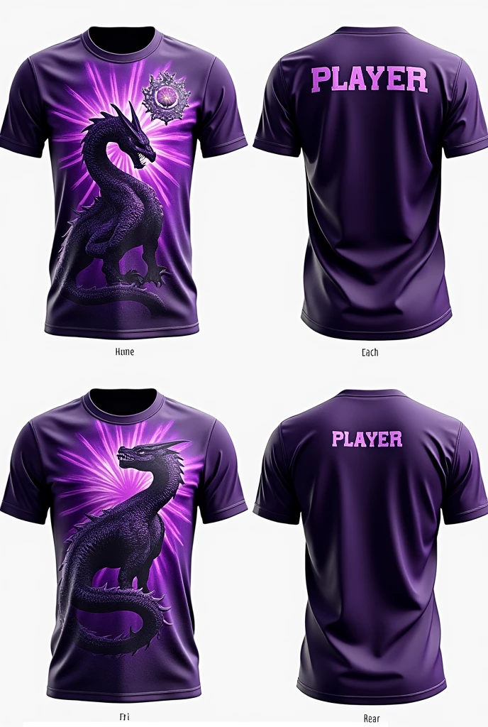 Creates a shirt with a purple dragon with several purple rays and a coat of arms on the left chest of the shirt and shows the shirt on all sides front back on the left side left right and on the back on the back written player