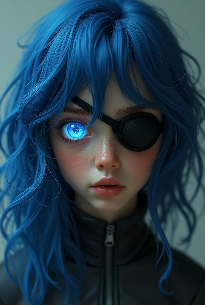 Girl with one opaque white eye due to blindness and a patch on the other eye. Lapis blue wavy hair and dark skin. Uses telekinesis abilities.