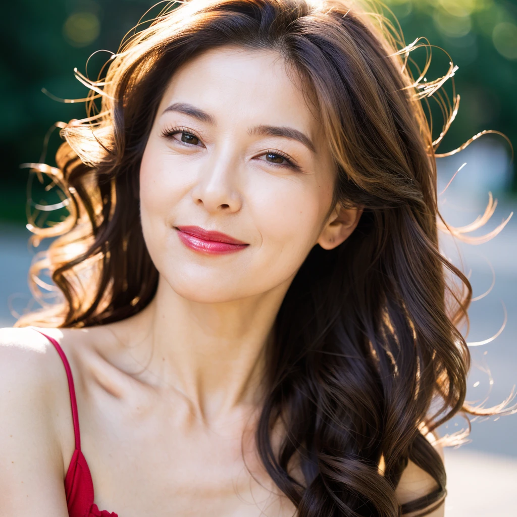 Beautiful mature woman with beautiful wavy long hair, Sexy Mature, Wink, Red lipstick, Ultra-high resolution,(Realistic:1.4), ((Highest quality)), ((masterpiece)), (be familiar with),