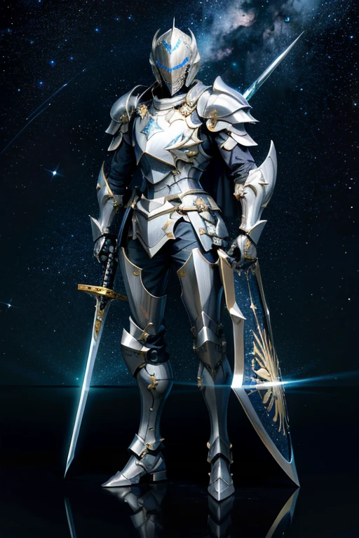 One person、Knight of the Stars、Starry Sky、full body armor、Open the helmet and you can see the face、Sword、Holding a spear、Hold a shield
