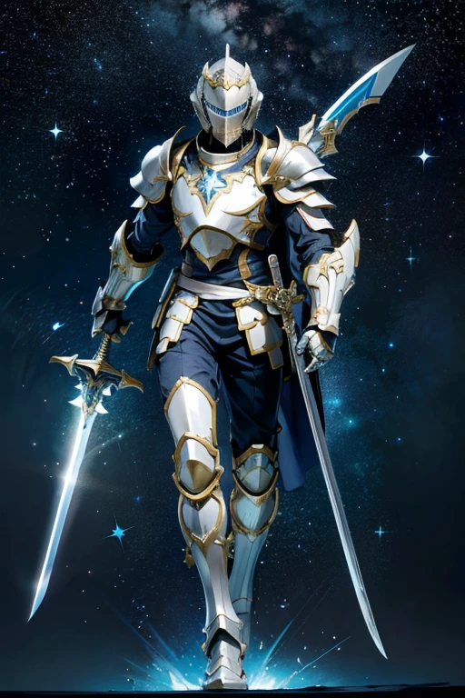 One person、Knight of the Stars、Starry Sky、full body armor、Open the helmet and you can see the face、Sword、Holding a spear、Hold a shield