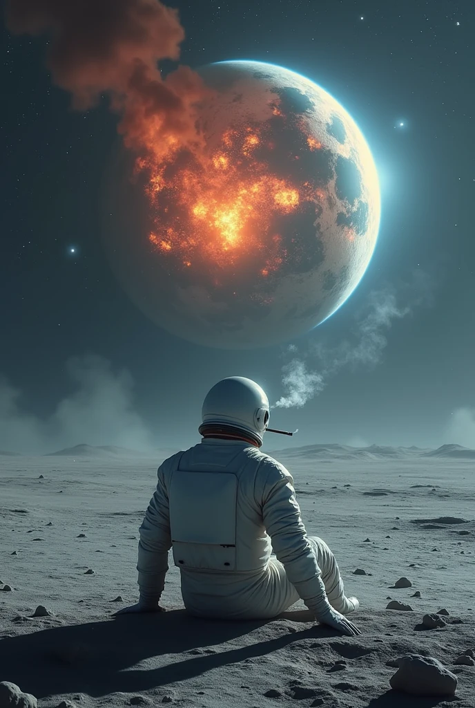 Bir astronot Ay'dan Dünya'nın yok oluşunu izlerken sigarasını içiyor