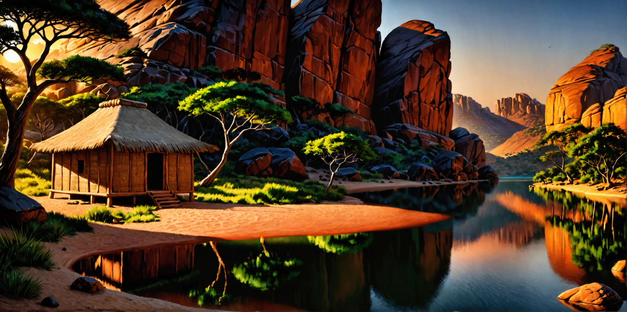 Disney style African wilderness scene, beautiful sunrise over a calm lake, very small African hut on one side of the scene, dramatic cinematic lighting, majestic rock formations, no animals or evil, breathtaking view, high detail, complete study of African languages ​​(best quality, 4k, 8k, high resolution, masterpiece: 1.2), high detail, (realistic, realistic, photorealistic: 1.37), dramatic lighting, cinematic composition Pixar style close to animation, land area larger than the lake Trees and rocks Attention to precise theatrical perspective according to the studies of theatrical perspective Academy of Arts Dr. Louise Malika, high quality on the scale of theatrical design Clear details Greek character dominates the scene, animation style African tribe