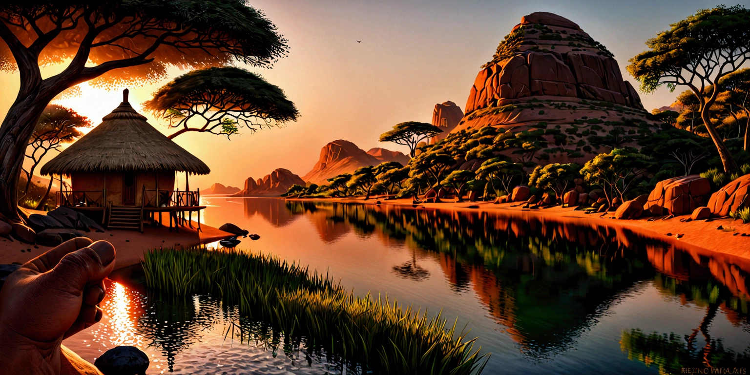 Disney style African wilderness scene, beautiful sunrise over a calm lake, very small African hut on one side of the scene, dramatic cinematic lighting, majestic rock formations, no animals or evil, breathtaking view, high detail, complete study of African languages (best quality, 4k, 8k, high resolution, masterpiece: 1.2), high detail, (realistic, realistic, photorealistic: 1.37), dramatic lighting, cinematic composition Pixar style close to animation, land area larger than the lake Trees and rocks Attention to precise theatrical perspective according to the studies of theatrical perspective Academy of Arts Dr. Louise Malika, high quality on the scale of theatrical design Clear details Greek character dominates the scene, animation style African tribe
