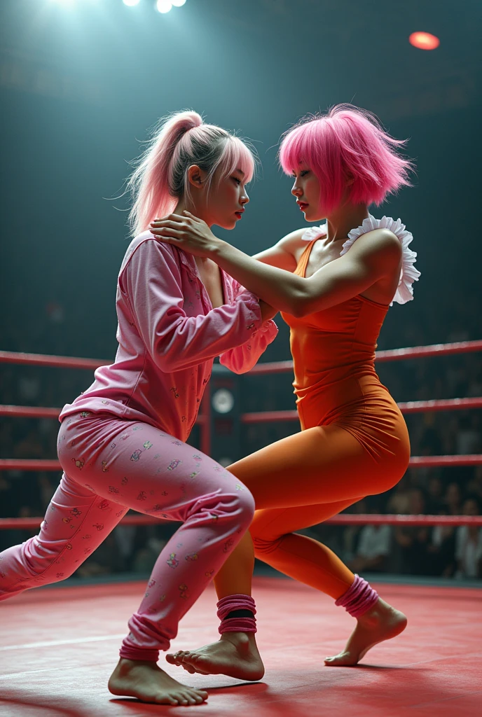 Create a professional shot that captures the dynamic moments of the wrestling scene between a beautiful Chinese girl with sloppy half-pink hair wearing pink pajamas with a Hello Kitty pattern and a short-haired Thai girl with sharp pink hair wearing an orange maid outfit.  They fought against the floating figures in the wrestling ring that were illuminated by the spotlight.  The wrestling scene should be shown in the center of the slide.  They fought and seemed to float with bumps and locks in mid-air.  Color photography, Perfect spotlight lighting creates a breathtaking and thrilling atmosphere, Ultra Wide Angle Shot, Full Body View, Detail, Wrestling Costume Lookalike, Volumetric Light, Professional, Realistic, Exaggerated, Realistic, Highly Detailed