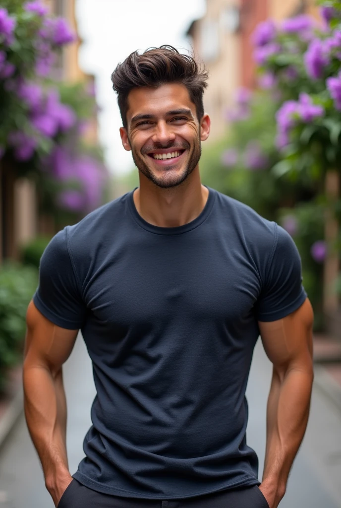 Attractive smiling man, Dark brown hair, Stylish and elegant, A tight fitting, muscular T-shirt, (Realistic and high quality images), The background is a street with small purple flower prizes on both sides., ((Highest quality, 8k, masterpiece).