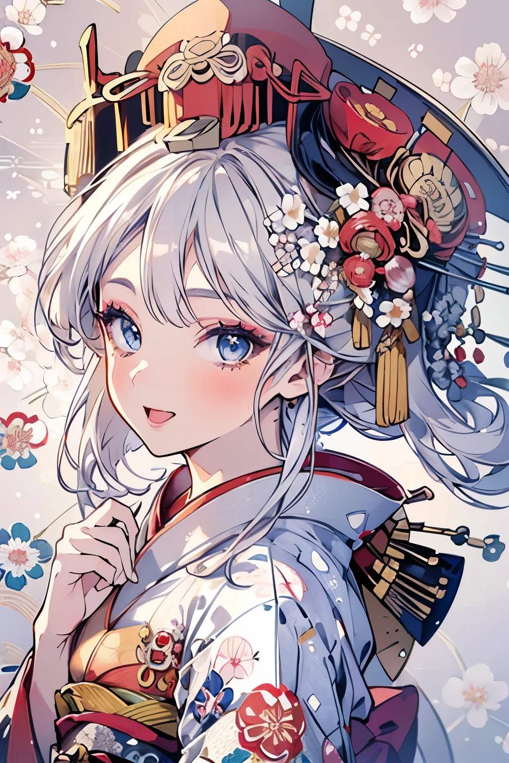 (Best quality,4K,8K,High resolution,Masterpiece:1.2),Super detailed,(Actual, Realistic),highly detailed, top quality, soft skin,Portrait,
break,
((clear blue eyes:1.2)),smiling eyes,beautiful eyelashes,beautiful lower eyelashes,
break,
((Beautiful and shiny silver hair:1.3)),A dazzling smile, a bursting smile, an open mouth laugh,
break,
very happily,
break,
((Oiran Traditional Fashion:1.3)),
break,
((Japanese style floral pattern background:1.3))
