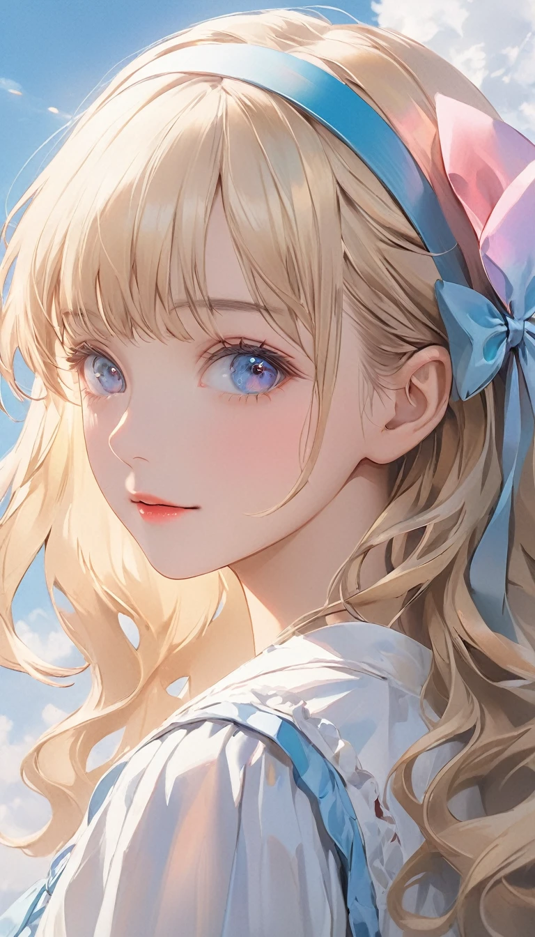 A girl with long hair，头发上系着粉色Ribbon，The overall style is light white and sky blue，Kawaii style，muted pastels，Ethereal Portraiture， Long blond hair，Long wavy hair，Bow，Headband，Blue Eyes，白色Bow，dress，Ribbon，Add some details，Make the picture richer，Clear facial features，Upper body close-up，动漫Realistic style，primary color，Photography，Movie Effects，Movie Background，Movie Feel，Realistic style，High-definition quality，high quality，masterpiece，best quality，Ultra Detailed，Adding details，high resolution，Clarity Enhancement，Detail Enhancement，极high resolution，Clear facial features，Increase facial detail，Increase eye detail