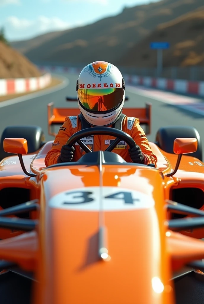 (photorealism:1.2), racecar driver IN an orange car with iridescent visor up, realistic, intricate details