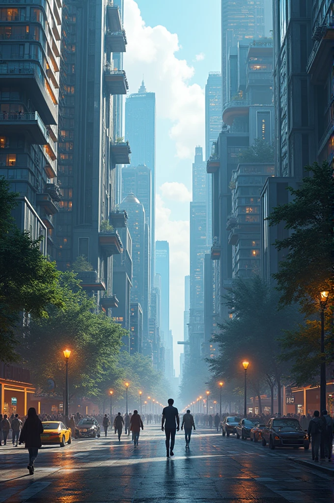 A city with huge vertical structures with and full of advanced technology and humanity with artificial intelligence and virtual reality in their daily lives