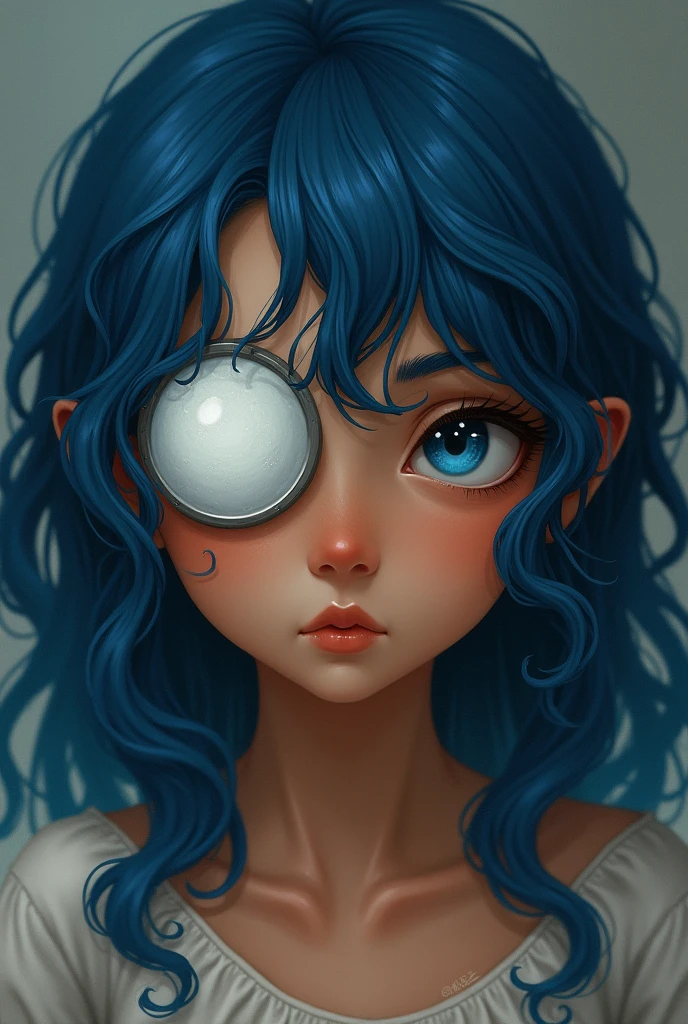 Girl with one opaque white eye due to blindness and a patch on the other eye. Lapis blue wavy hair and cinnamon brown skin. Uses telekinesis abilities.