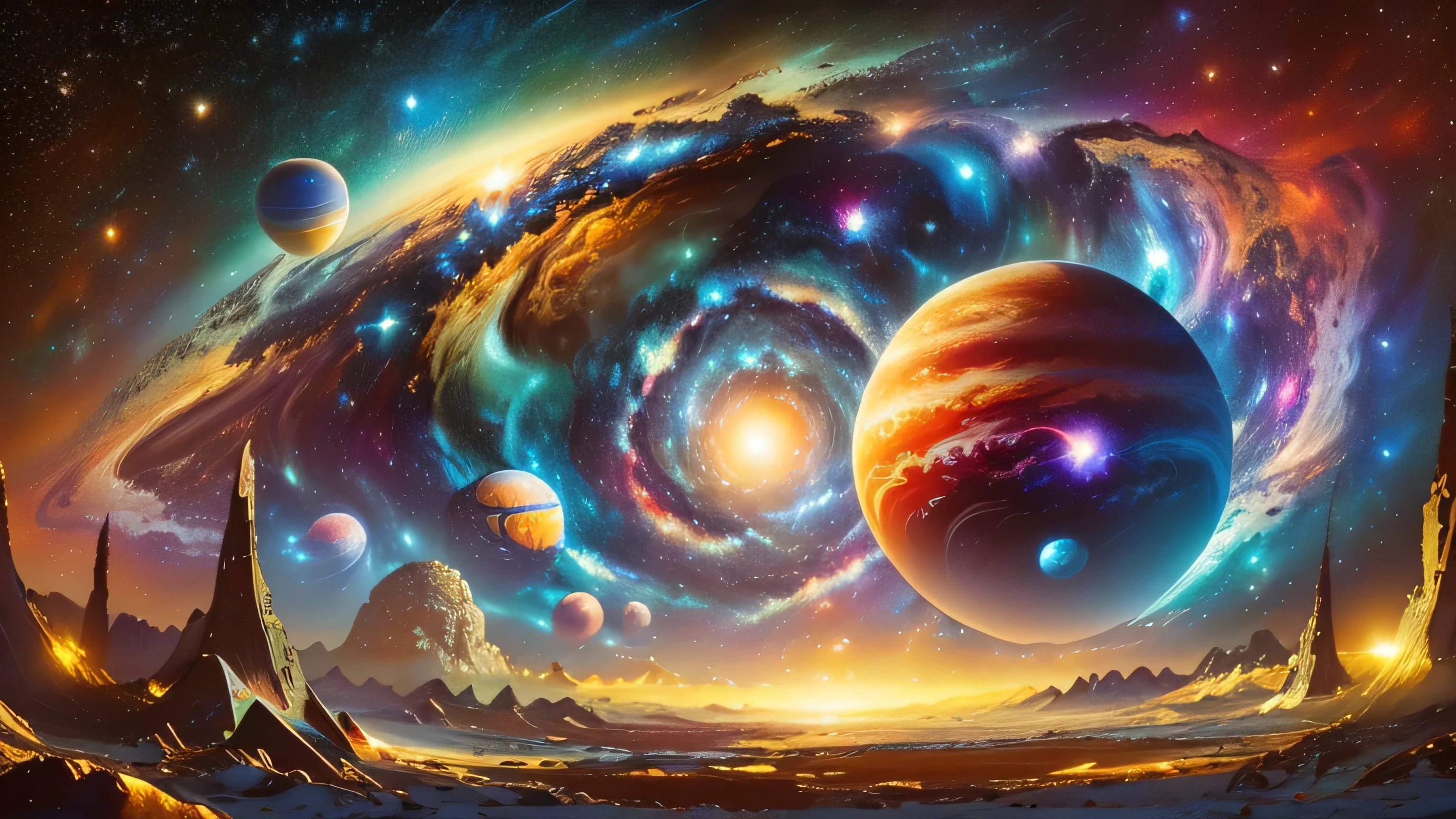 a painting of planets and stars in a galaxy with a bright light, planets and galaxies, galaxy space sci-fi, fantasy space, surreal space, cosmic and colorful, meaning of life in the universe, huge universe, planets in the skies, universe in the sky, galactic landscape, floating planets, beautiful space, epic beautiful space scifi, cosmic space, planets and stars