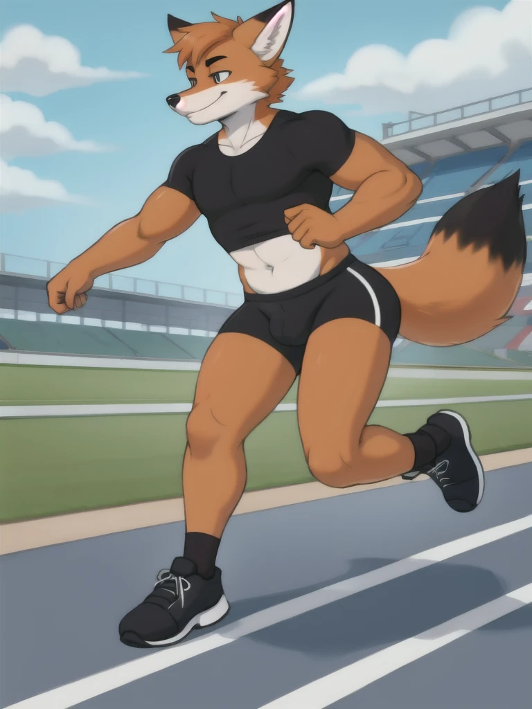 Furry, fox, male, black shirt, black spandex bike shorts, shoes, running track, solo, full body