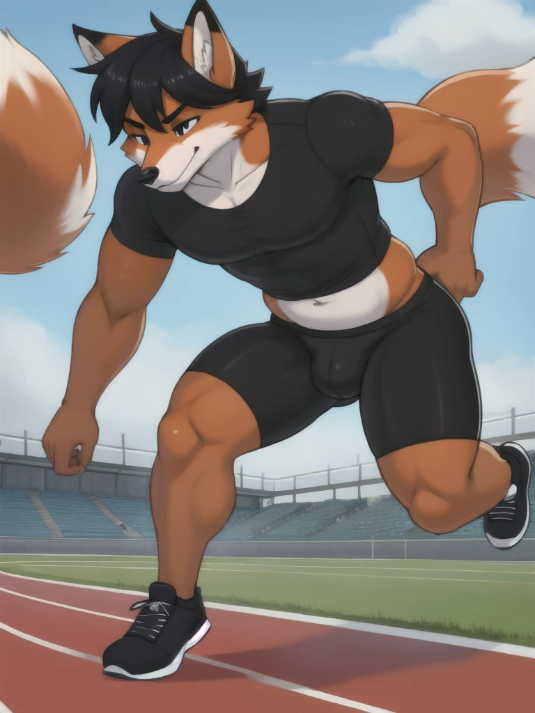 Furry, fox, male, black shirt, black spandex bike shorts, shoes, running track, solo, full body