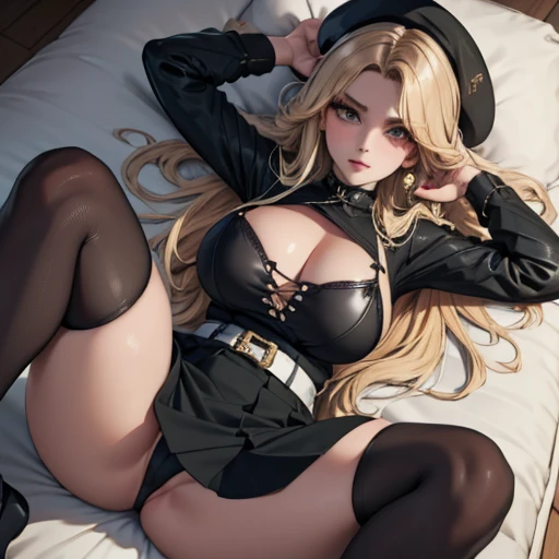 lying on sofa, sideways back, (view from above), de bruços, empinando a bunda, top view, (masterpiece, best quality:1.4), absurdres, highres, ultra detailed, beautiful, (secretary), (perfect face, detailed face, beautiful:1.3),(natural breasts, cleavage), collarbone, fingerless gloves, gloves,spaghetti strap top, black pencil skirt, tight, over the knee skirt, hat, elegant secretary outfit, thighhighs, thick thighs, thighs, multiple belts, More detailed 8K.motor irreal:1.4,UHD,La mejor calidad:1.4, fotorrealista:1.4, textura de la piel:1.4, obra maestra:1.8,obra-prima, mejor calidad,objeto Objeto], (detailed face features:1.3),(manos detailed)