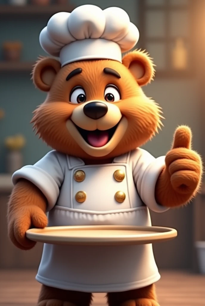 Animated chef bear with thumbs up, holding an empty tray in the foreground