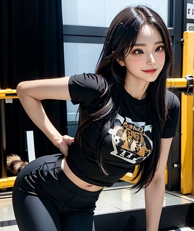 Masterpiece, high detailed, realistic, ultra realistic, ((hyper realistic)), woman with long hair, black hair color, ((cheetah skin fashion t shirt / black short pant)), smile, 16k,