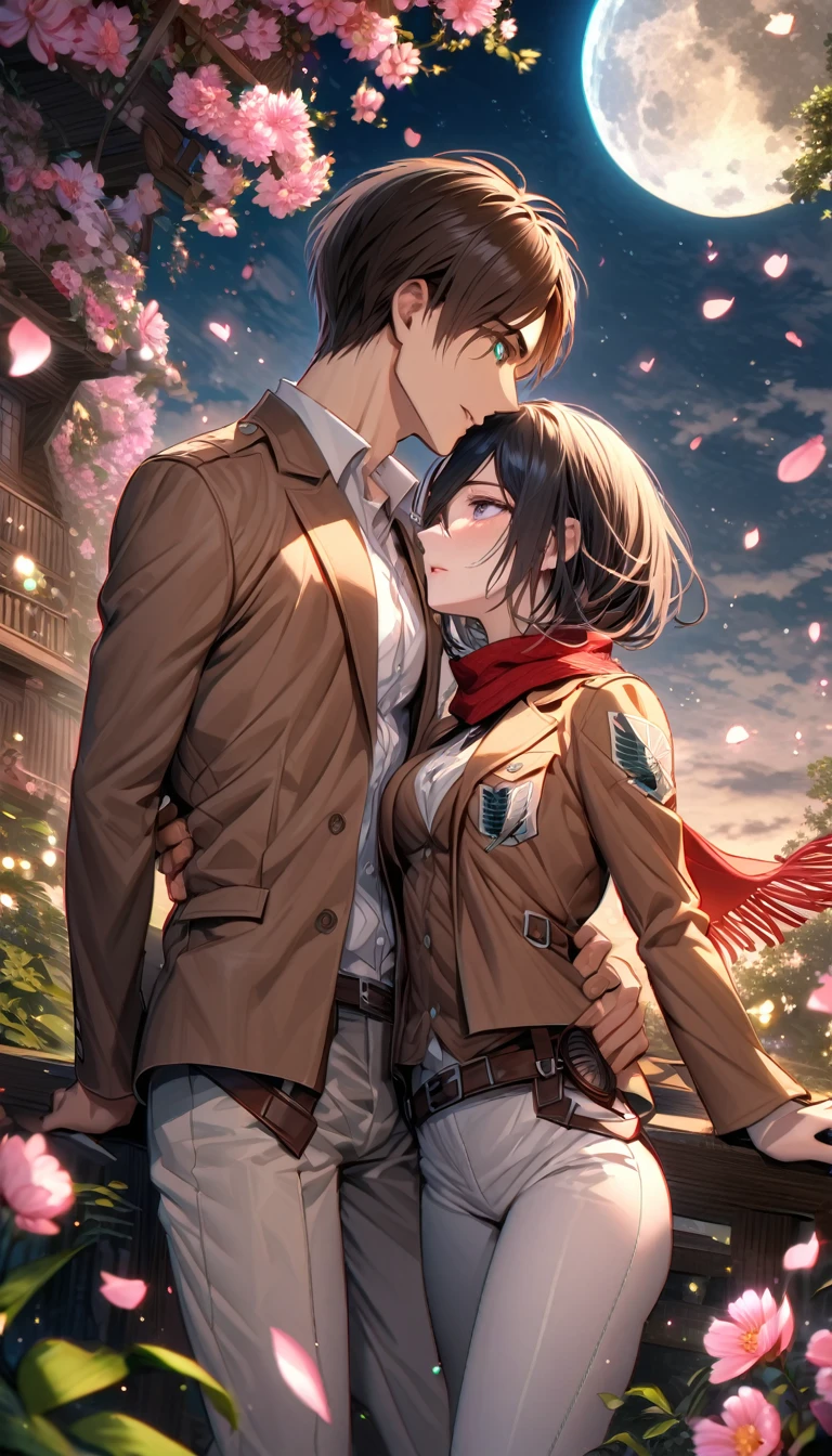 Ultra detailed, highres, absurdres, HDR, Eren Jeager, brown hair, expressive turquoise eyes, brown jacket, white shirt, Mikasa Ackerman, black hair, expressive gray eyes, brown jacket, white shirt, red scarf, Shingeki No Kyojin, pink flowers, petals, fireflies, moon, a beautiful woman together with a handsome man, couple, handsome, beautiful, very detailed face and eyes, in love, white pants