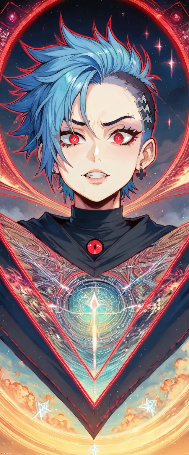 (Masterpiece, Top Quality, Best Quality, Official Art, Punk Beauty and Aesthetics: 1.2), (1 Punk Girl)blue hair, Extreme Detail, (Fractal Art: 1.5), Colorful, Supreme Detail, Perfect Face, Upper Body, HDR, cult, (punk attire red Lines: 1.2), complex background, Light Stripes, Surrealism --niji 50 --chaos 20 --testp