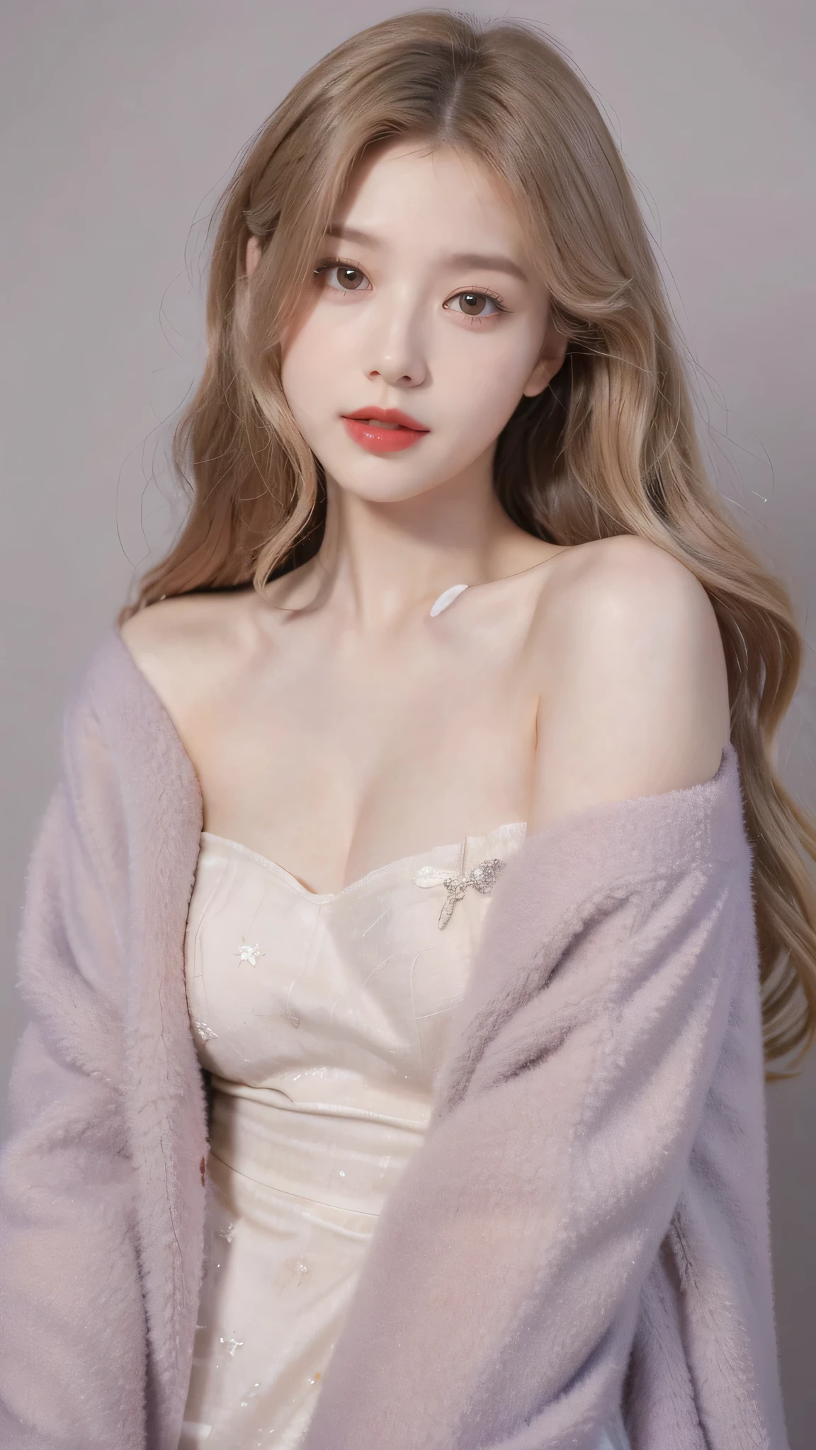 Girl wearing, luxury lavender coat, shoulder length hair, wavy hair, glowing skin, star in eye, red lips, grey background, cute poses , upper body, light blonde hair.