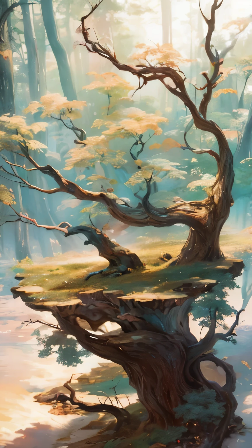 Ancient forest, Very sophisticated、High-quality digital presentation, Reach 8K resolution. This work、Featured on ArtStation for its sharp focus。, Rich lighting changes, As well as a very complex and detailed central structure.. Inspired by artists like Louis van Baarle (Louis), Ilya Kuvshinov, Studio Ghibli, The website style expresses the QUOTE KAWAII aesthetic.，Soft tones，watercolor.