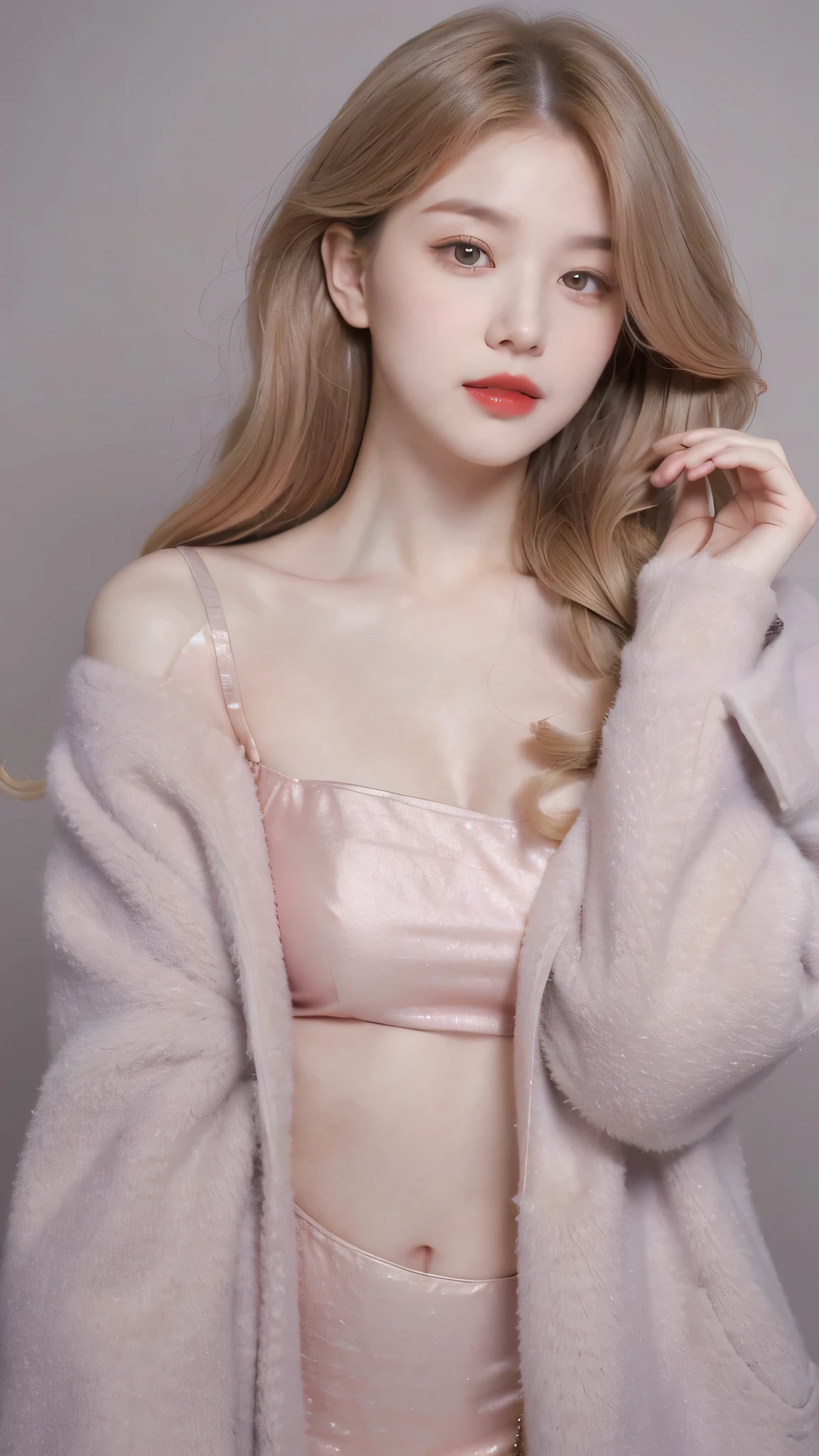 Girl wearing, luxury lavender coat, shoulder length hair, wavy hair, glowing skin, star in eye, red lips, grey background, cute poses , upper body, light blonde hair.
