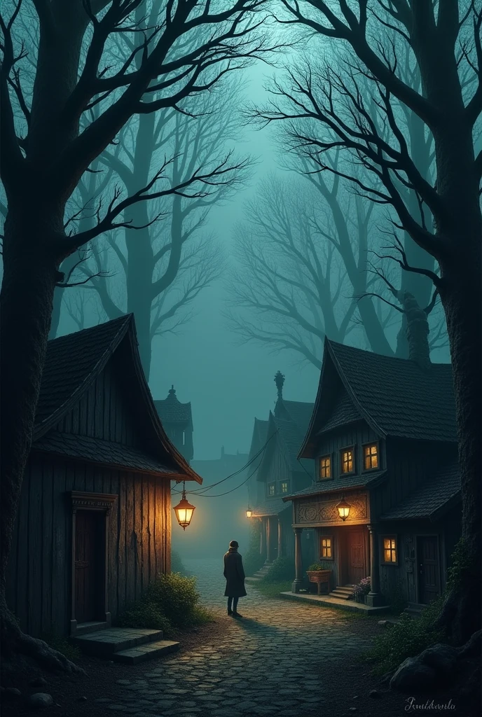 A village in the dark and gloomy forest
