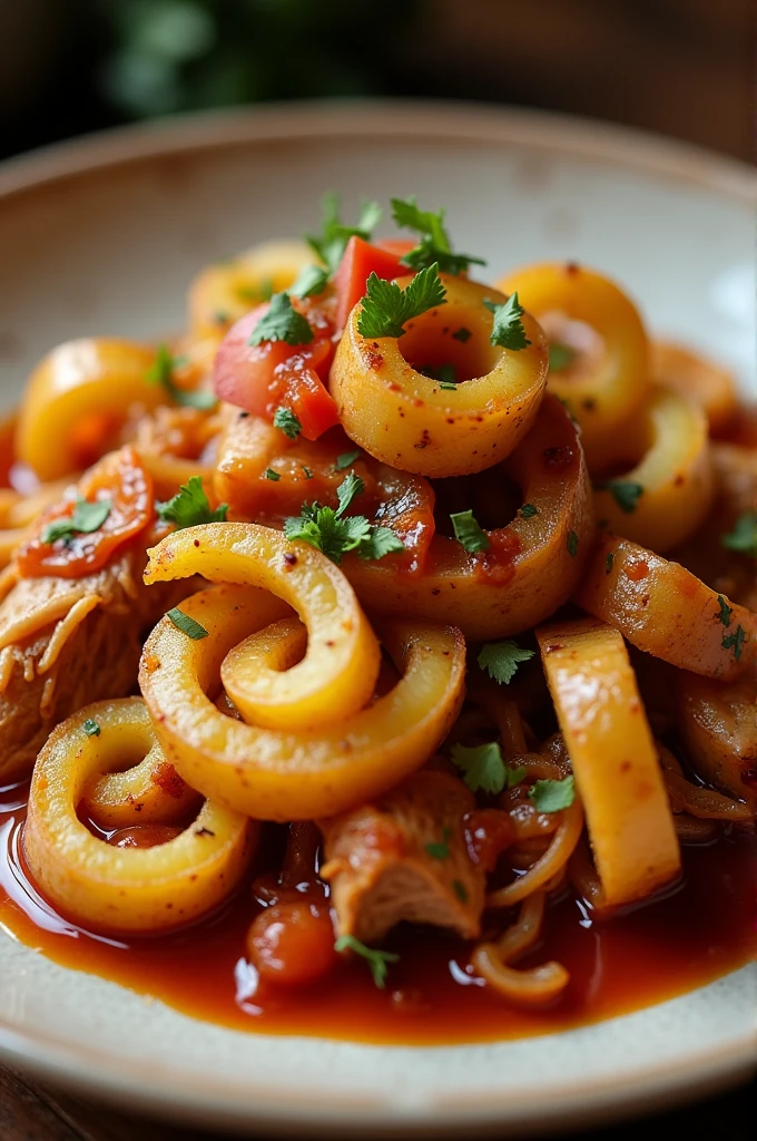 **Papatwist BBQ**
*Spiral Potatoes, shredded chicken breast, Salsa BBQ, and caramelized onion.*
**Price:** $15,000