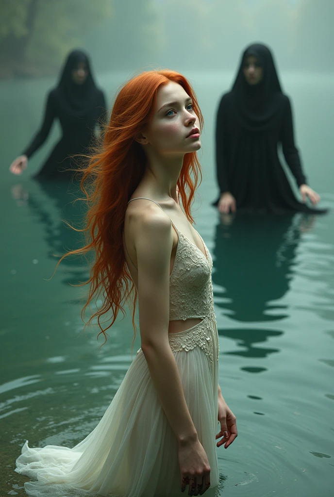 pale skin girl, green eyes and hip-length copper red hair in the water dressed in a long white floral dress with a slit at the leg, with two black souls behind her, and with hands stained black and with head tilted back looking at the sky 
