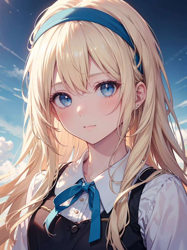 A girl with long hair，头发上系着粉色Ribbon，The overall style is light white and sky blue，Kawaii style，muted pastels，Ethereal Portraiture， Long blond hair，Long wavy hair，Bow，Headband，Blue Eyes，白色Bow，dress，Ribbon，Add some details，Make the picture richer，Clear facial features，Upper body close-up，动漫Realistic style，primary color，Photography，Movie Effects，Movie Background，Movie Feel，Realistic style，High-definition quality，high quality，masterpiece，best quality，Ultra Detailed，Adding details，high resolution，Clarity Enhancement，Detail Enhancement，极high resolution，Clear facial features，Increase facial detail，Increase eye detail