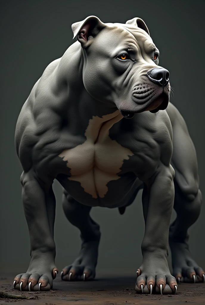 Gray Pitbull with muscular arms ,broad chest big head ,eyes browns ,exposed and marked veins in profile