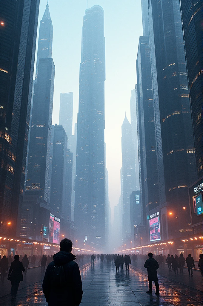 A city with huge vertical structures with and full of advanced technology and humanity with artificial intelligence and virtual reality in their daily lives