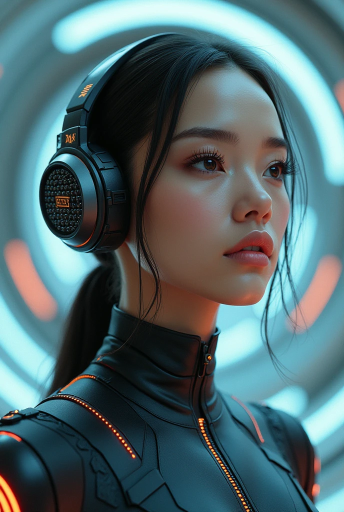 I want a beautiful woman with futuristic headphones and sensually and well-behaved who can feel the vibrations around her.